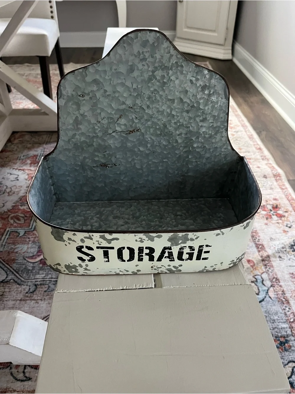 Vintage-Style Cream Metal Storage Bin with Galvanized Interior